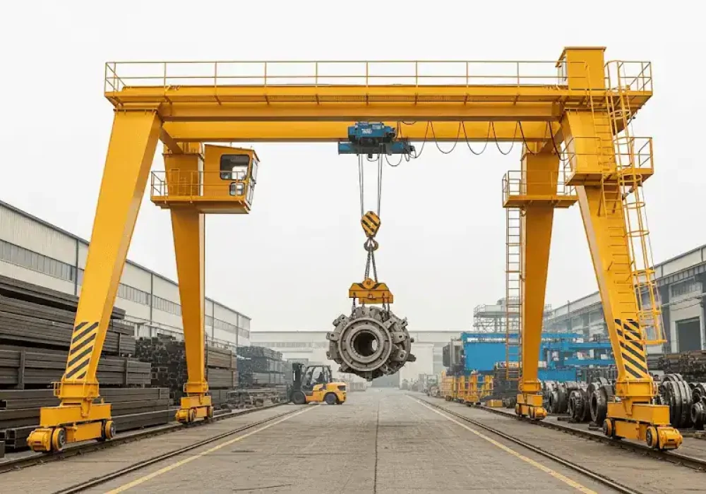 Açık saha uygulamalarında kullanılan tam portal vinç sistemi ile ağır sanayi ekipmanının güvenli şekilde kaldırılması