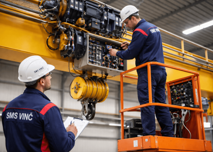 Vinç servis ve bakım hizmetleri kapsamında SMS Vinç teknik ekibinin endüstriyel köprülü vinç üzerinde yaptığı periyodik bakım ve elektriksel kontrol çalışması